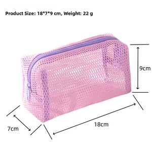 Detailed size view of a pink purple mesh pouch with zipper, 18cm x 7cm x 9cm, 22g weight