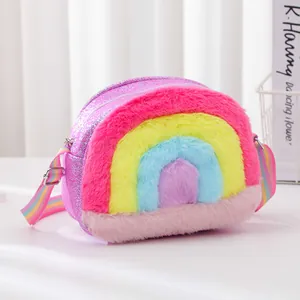 Cute rainbow sequin shoulder bag for kids with plush heart design and glittery finish