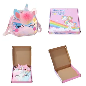 Einhorn Schmuckset für Kinder mit rosa Umhängetasche, bunter Perlenkette und Armband
