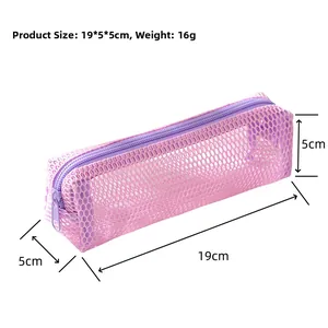 Detail view of purple mesh pencil case with zip closure and dimensions 19x5x5cm