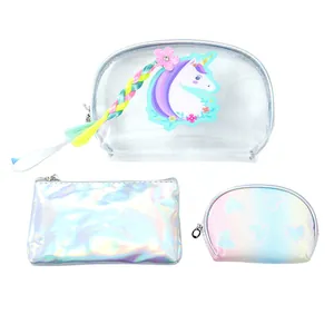 Three-piece unicorn makeup bag set featuring clear PVC and silver laser holographic details