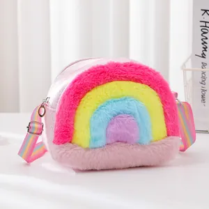 Close-up of kids rainbow crossbody bag with glitter finish and plush colorful stripes