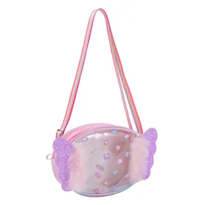 Pink cartoon shoulder bag for girls with glitter wings and rainbow strap