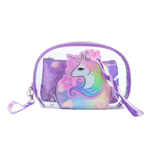 Cartoon unicorn 3pcs transparent PVC makeup bag set with laser finish and rainbow charms