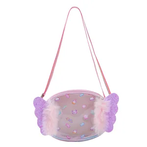 Pink and purple kids crossbody bag with glitter wings and rainbow shoulder strap