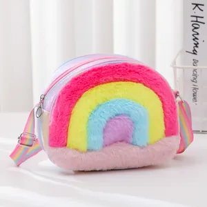 Detail of colorful plush rainbow crossbody bag with sparkling glitter side material