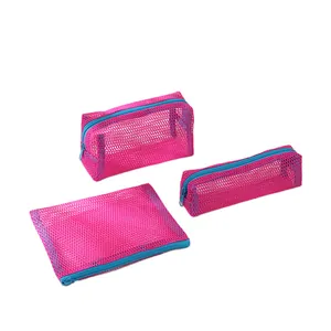 Three-piece rose red mesh storage bag set with blue zippers for makeup and stationery