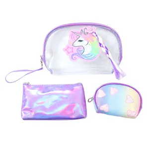 Unicorn Transparent PVC Cosmetic Bag Holographic Laser Pouch And Heart Print Toiletry Bag For Women Girls Travel Storage