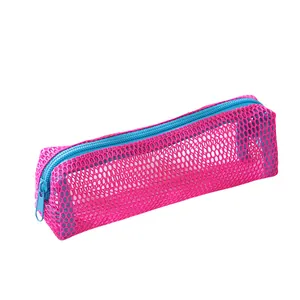 Detail view of pink mesh pencil case with honeycomb pattern and blue zipper closure