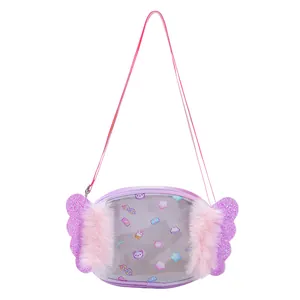 Detail of glitter wings and plush trim on the purple cartoon crossbody bag for kids