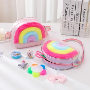 Sweet pink sequin rainbow plush bags with colorful faux fur stripes and webbing straps