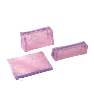 Three-piece purple mesh storage bag set showing flat, rectangular, and trapezoid shapes