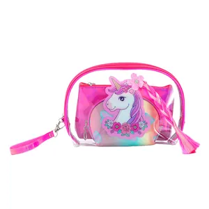 Detailed view of 3-piece unicorn cosmetic bag set with clear PVC and laser finish