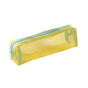 Minimalist mesh pencil case storage bag with yellow netting and blue zipper