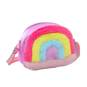 Close-up of kids rainbow sequin bag with multi-color plush fur and striped strap
