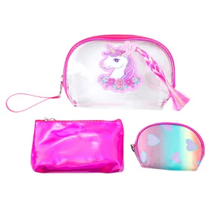 Detailed set of 3 unicorn makeup bags with transparent PVC and sequin textures