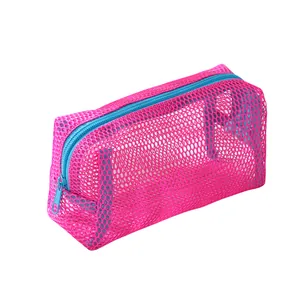 Detail of rose red mesh pencil case featuring a bright blue zipper and durable metal puller