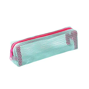 Detail of teal mesh pencil case featuring a bright pink zipper for stationery storage