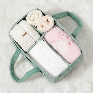 Macro detail of plush diaper caddy showing interior compartments and soft texture
