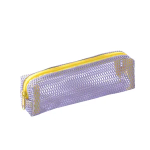 Detail of purple mesh storage bag with contrasting yellow zipper and durable nylon texture