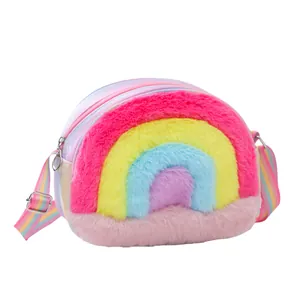 Detailed close-up of rainbow plush crossbody bag showing soft textures and zipper