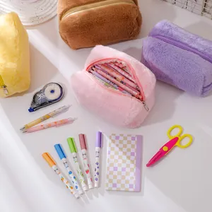 Cute candy-colored plush pencil case and cosmetic bag in soft pastel macaron shades