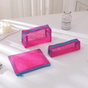 Three-piece rose red mesh storage bag set with blue zippers and breathable nylon fabric