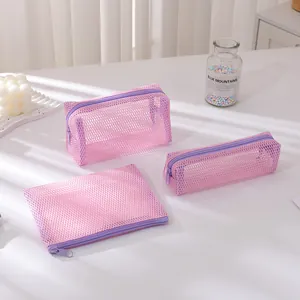 Mesh Zipper Pencil Case Cosmetic Bag Set Portable Breathable Grid Makeup Organizer Pouch For School Travel Women Girls