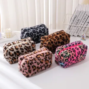 Leopard Print Plush Pencil Case Large Capacity Makeup Storage Bag Simple Cute Korean Style Stationery Pouch For School Girls Women