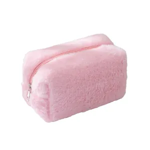 Pink plush macaron handbag for makeup or stationery storage with soft faux fur texture