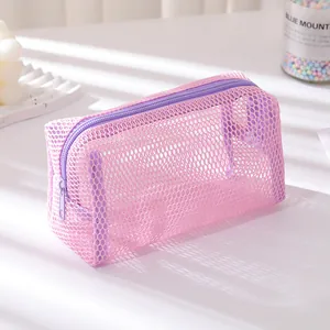 Pink mesh stationery bag with purple zipper for school and makeup organization