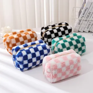 Plush Checkerboard Pencil Case Large Capacity Cosmetic Bag Simple Cute Soft Storage Pouch For School Girls Women Organizer