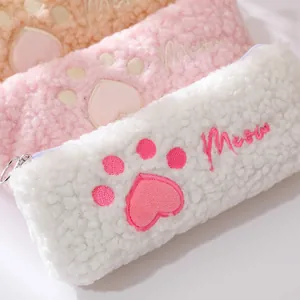 Pluche kattenpoot etui in wit en roze met schattig Meow borduurwerk en een metalen rits