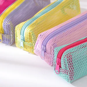 Mesh pencil case organizer in pastel macaron colors with dual-layer nylon grid design