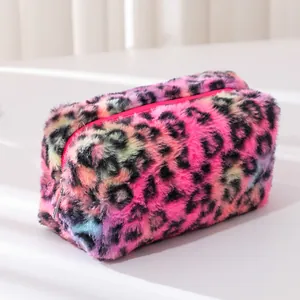 Colorful leopard plush pencil case with large capacity and fluffy texture for stationery