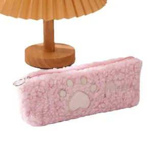 Roze pluizige pluche etui met kattenpoot borduursel en Meow-tekst met rits