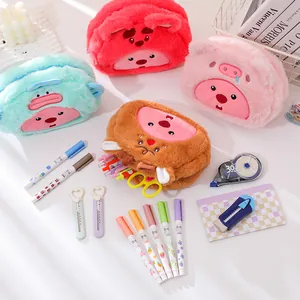 Trousse à crayons mignonne en peluche de plusieurs couleurs avec des fournitures