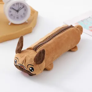 Astuccio per matite in peluche a forma di cane marrone con cerniera per scuola e ufficio