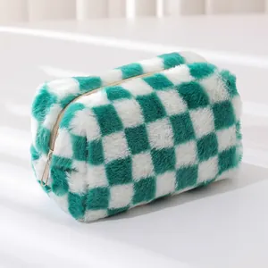 Green and white checkered plush pencil case with large capacity and zipper closure