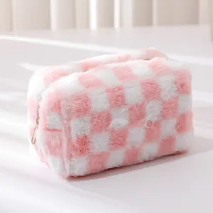 Pink and white checkered plush pencil case with large capacity and metal zipper closure