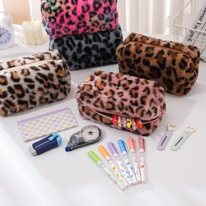 Cute leopard print plush pencil case for girls, soft faux fur stationery storage bag
