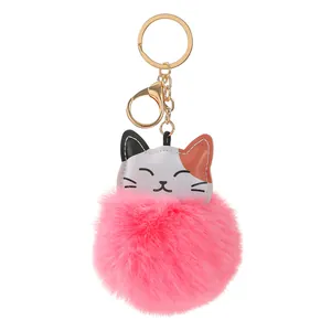 Süßer rosa Plüsch-Katzen-Schlüsselanhänger mit dreifarbigem Leder und Gold-Karabiner