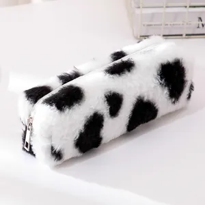 Cute large capacity cow print plush pencil case with top zipper for students
