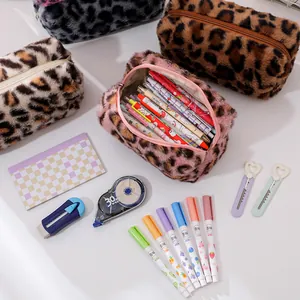 Cute plush leopard print pencil case in various colors with large storage capacity