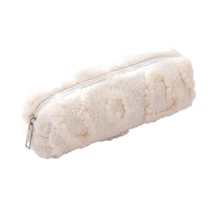 Plush white fleece pencil case with 3D embossed lettering and metal zipper closure