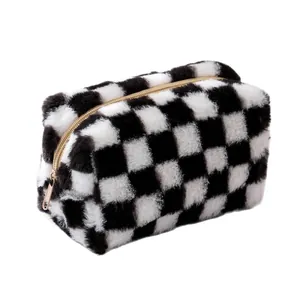 Cute black and white checkered plush pencil case with gold zipper and large capacity