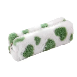 Cute green and white plush pencil case with soft faux fur and secure zipper closure