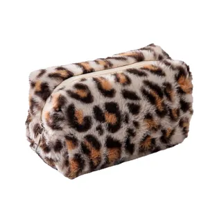 Leopard print plush pencil case with soft faux fur texture and zipper closure