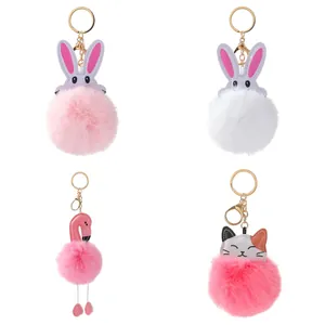 Süßer Tier Plüsch Pompon Schlüsselanhänger Für Rucksack Kunstpelz Katze Hase Flamingo Taschenanhänger Mit PU-Leder Gold Karabinerverschluss