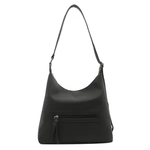 Sac à bandoulière hobo en cuir noir avec fermeture éclair frontale et détail de gland